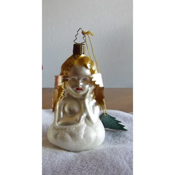 Whitehurst Blown Glass Angel Christmas Ornament Germany Cloud White Gold Glitter - Picture 2 of 10